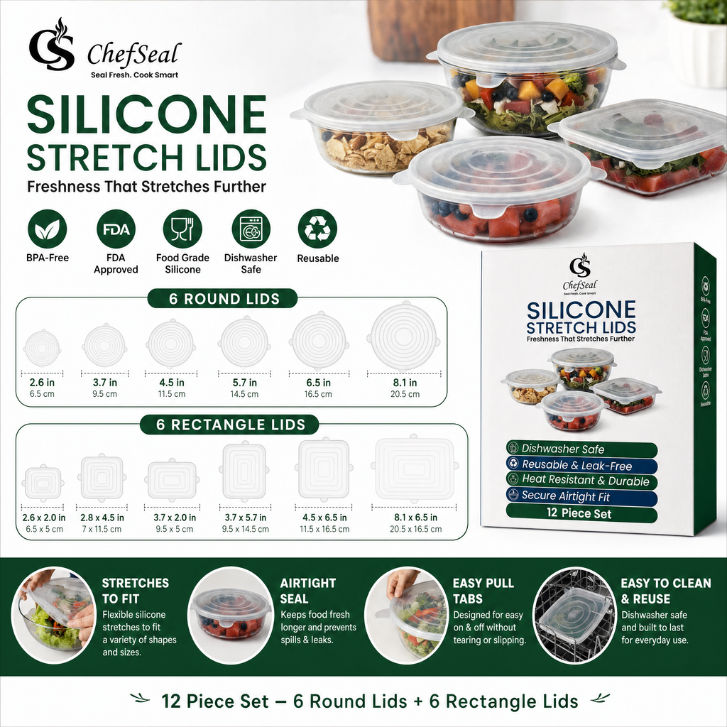 Silicone Stretch Lids – 12 Pack Reusable Food Storage Covers for Bowls, Cups, Containers – BPA Free Leakproof Kitchen Lid Set
