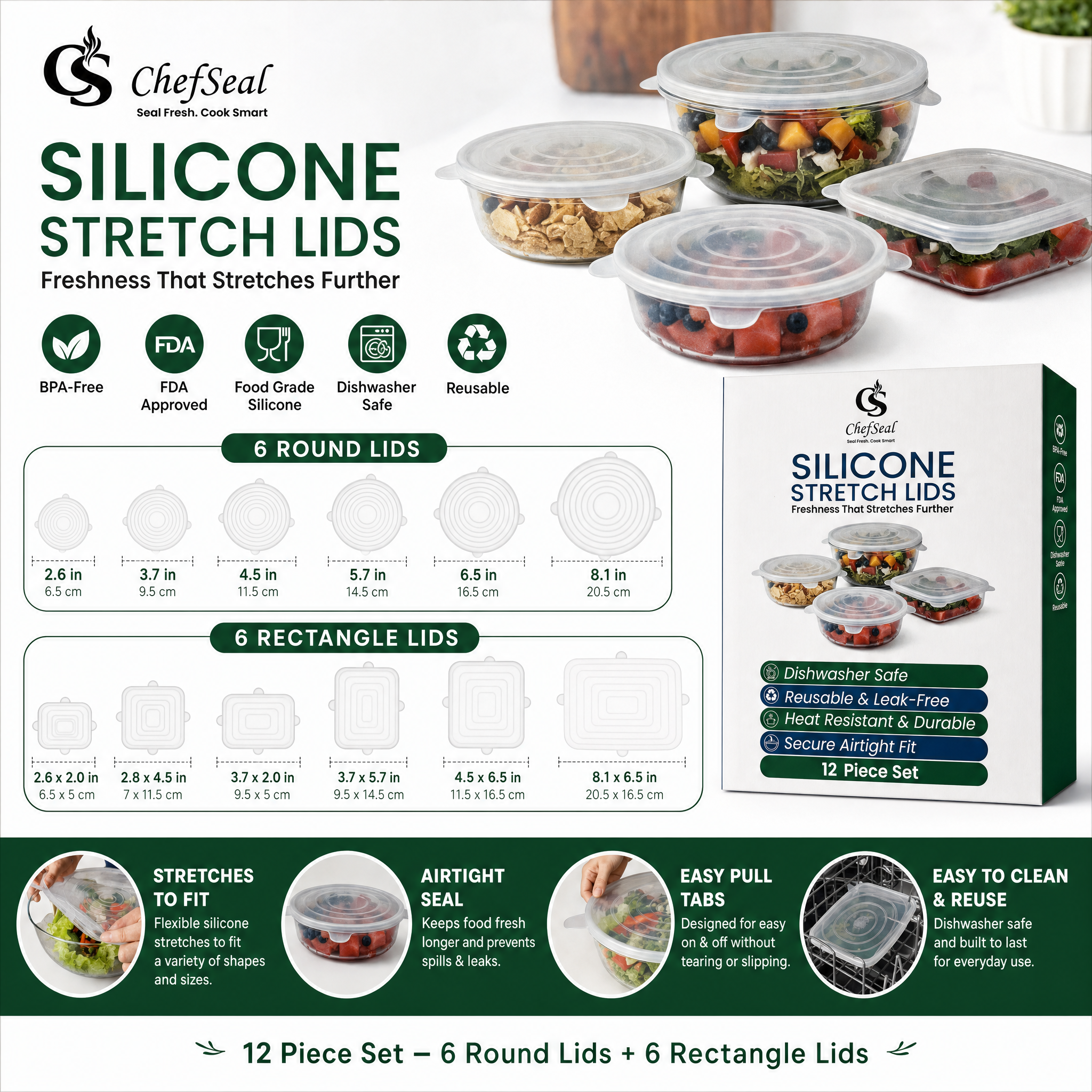 Silicone Stretch Lids – 12 Pack Reusable Food Storage Covers for Bowls, Cups, Containers – BPA Free Leakproof Kitchen Lid Set