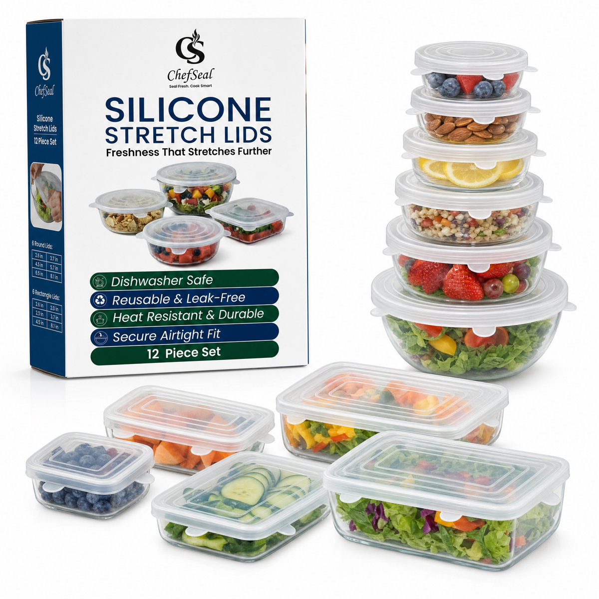 Silicone Stretch Lids – 12 Pack Reusable Food Storage Covers for Bowls, Cups, Containers – BPA Free Leakproof Kitchen Lid Set